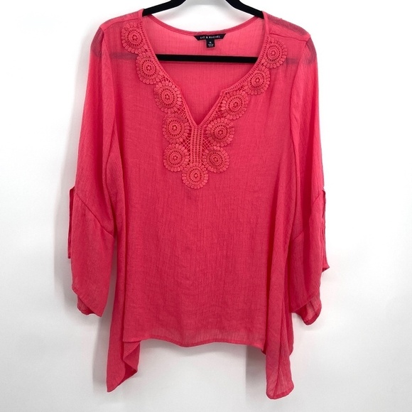 ZAC & RACHEL Pink Crochet Neck Semi Sheer 3/4 Sleeve V-Neck Blouse Size XL - Picture 1 of 6